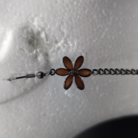 Silver Toned Long Drop Dangle Hook Earrings With Brown Tinted Glass Flower Focus - Picture 5 of 7